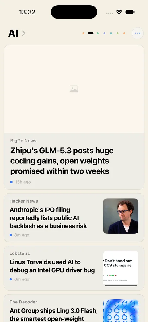 Gist’s AI deck on a light screen: the brief’s stories as cards; the first card shows the app’s empty-image state.