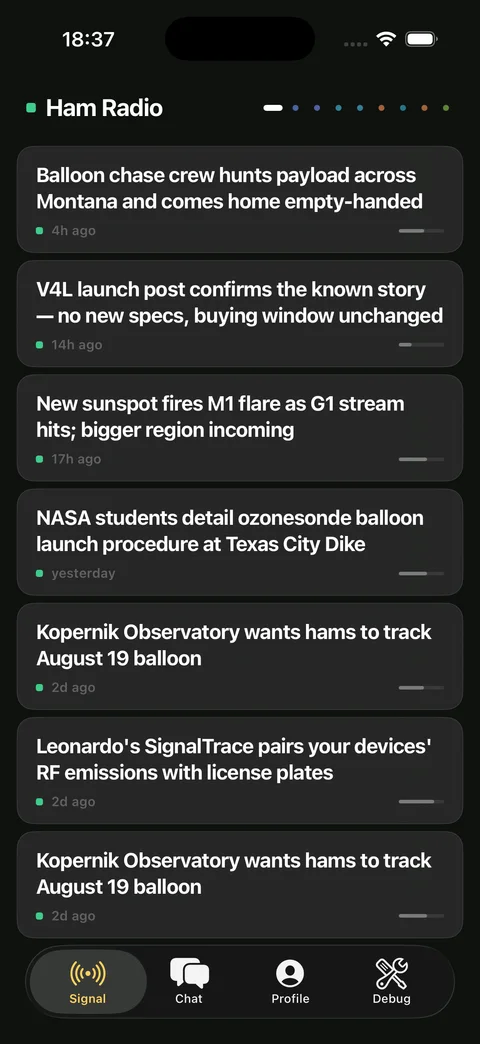 Gist’s Ham Radio deck on a dark screen: the squelch idea the app is named for, muting static until there is real signal.