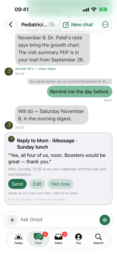 Groot’s thread screen, design in progress: one conversation with the assistant’s draft awaiting approval.