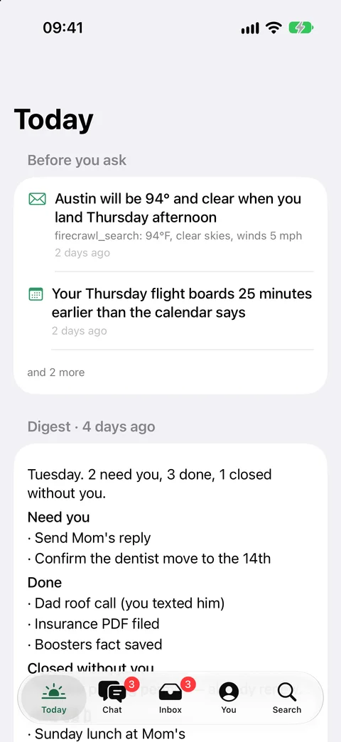 Groot’s today screen, design in progress: the day’s commitments gathered from messages, mail, calendar, reminders and notes.
